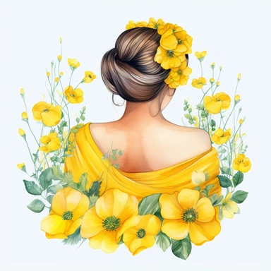 watercolor A woman's face, full body, back view Buttercups: These bright yellow flowers are a favorite among children and are often used to represent happiness and sunshine. with flowers and leaves adorning her hair. hair up with flowers vividly bold designs png Full body realistic cartoon in 32K UHD cute. 15 cm thick outline. Black color. There was no shadow on the ground. 8k with realistic watercolors. and detailed illustrations. PNG clipart, transparent white background