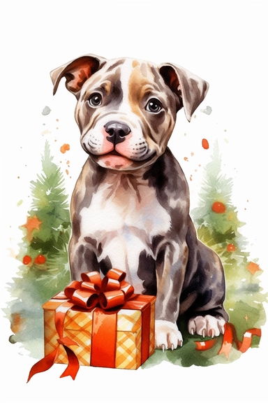 cute smiling pitbull baby sitting next to christmas tree, watercolor, realistic, cute, adorable, unique, happy, clipart, no background, high quality, 8k