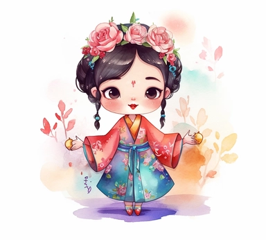 cute adorable little Chinese princess character watercolor clipart, full body, disney, pixar
