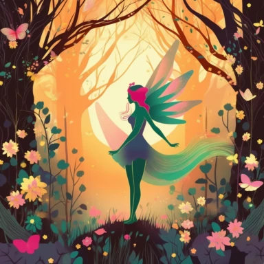 A mesmerizing fairy in a mystical forest, delicate wings shimmering with iridescent colors, surrounded by glowing flowers and soft moss, Enchanted forest with ancient trees and dappled sunlight, Serene and magical atmosphere, Clipart, using flat colors and simple shapes to depict the scene