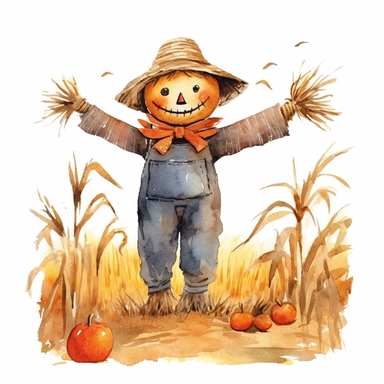 Halloween scarecrow in a field, full color, knitted painting texture, Perfect for nursery art and children's book illustration style, simple, cute, full color, clipart, watercolor illustration, single object, high definition 8k,white background for removing background - - no text shadow font watermark