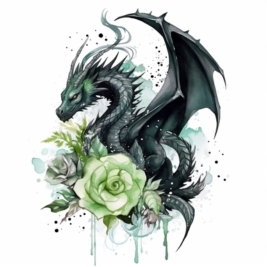 Fantasy magic black Dragon with black and green flower Watercolor Clipart, white background