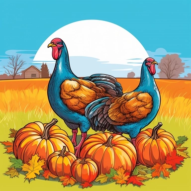 fall funny turkey and pumpkin cartoon in vivid colors clipart on a white background , in the style of rural america, high resolution, sarah purser, rural life scenes, large canvases, illustration, celebration of rural life , no watermark, text, words, paintbrush, 300 DPI, the images do not stick together, no text in the picture