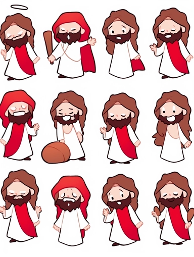 , Emoji, Animated jesus clipart image, in the style of white and red, caricature-like figures, bold, cartoonish lines, emoticons Happy, Laughing, Shy, Surprised, Angry, Unbelievable, Pretend to be cute, Curiosity and more surrounded, illustration style, bold line style,Variations by ,multiple poss and expressions, group f/64