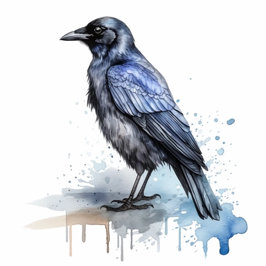 American Crow bird, water color style, clipart, white background