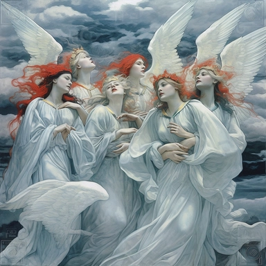 clipart, pastel blue sky, gray black clouds, red sun, white angels fly in the clouds, realism, white background, Painting By Jean Delville, Redshift Render, vector