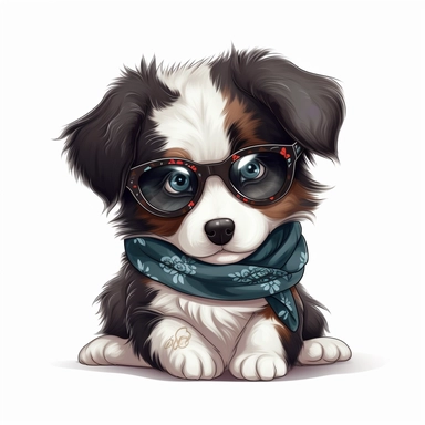 funny kawaii Australian Sheppard Puppy with Balenciaga sunglasses and cool bandana or necklaces, cute illustration, clipart, white backgound, Cuttable Design
