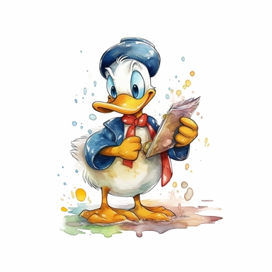 cartoon watercolor cute donald duck playing, very detailed, clipart, modern style, white background, 8k