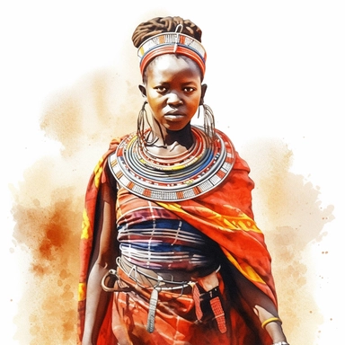 clipart, watercolor, girl in national costumes, Masai Africa, high resolution photorealistic image. 3D