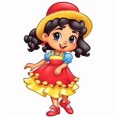 a cute little girl dressed for a brazilian junina party, with a blue and yellow flowing dress, braids in her hair, red shoes, happy, Monica's gang style, Graphics Maurício de Sousa, digital art, big eyes, cartoon, clipart , country girl from festa junina from brazil cute drawing white background