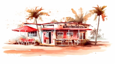 Beach Coffee shop clipart water color light red retro style