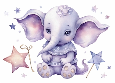 watercolor cute little baby elephant holding a romantic cute star, in the style of light silver and light purple, victorian-inspired illustrations, nature-inspired pieces, 5 sets of clipart of different playful compositions, plush doll art, high resolution, isolated on a white background