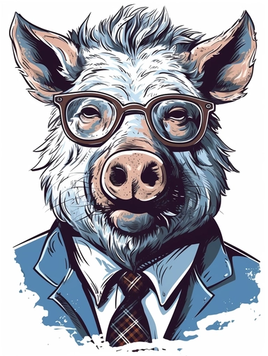 a portrait of a Boar wearing a white shirt and glasses, looking tired and done with life, vector illustration, clipart, outlines, portrait,
