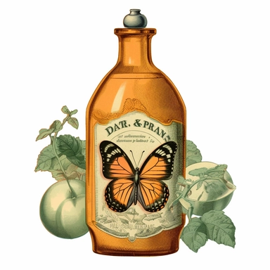single piece form bottle with cantaloupe and butterfly label vintage clipart with white background