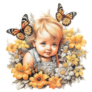 cute but realistic color pencil sketch clipart. baby butterflies , sitting in the flowers