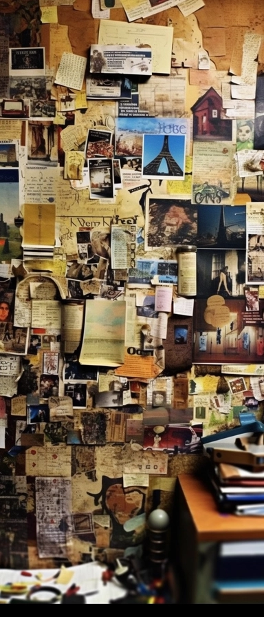color photo of an Investigation Board full of old and new pictures and notes, close-up of one corner, unorganized, chaotic, messy, cluttered, overwhelming, textured, intricate, complex, detailed, with torn edges, faded colors, scribbles, post-its, lines, arrows, dates, labels, names, faces, maps, charts, graphs, and newspaper clippings — night, dimly lit, with a single lamp casting shadows and highlights on the board — camera settings: Canon EOS 5D Mark IV, Kodak Portra 800 35mm film, Canon EF 5
