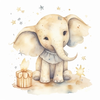 cute watercolor newborn soft beige baby elephant toy smiling with stars and birthday cake, watercolor effect, isolated white background, babyshower clipart, soft beige tones