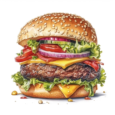 very detailed clipart of a delicious cheeseburger, surrounded by white background, wide shot, very detailed, watercolor illustration, white background, cinematic, high quality, 32 k,