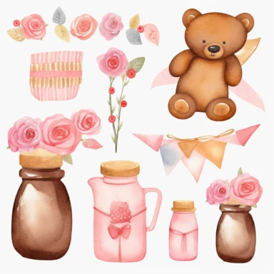 valentine's clipart pack watercolour bear, bouquet of rose, cup and vase and, in the style of kitsch and camp charm, pink, use of common materials, primitive figurines, light amber and pink, paul henry, stripes and shapes