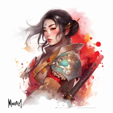 watercolor Disney Mulan in her armor, ready for battle, clipart, white background, by Kawacy