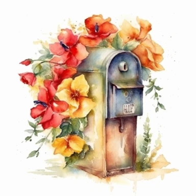 mail box with flowers, Watercolor, Illustration, Clipart, Isolated on White Background, Photorealistic, 32K, HD
