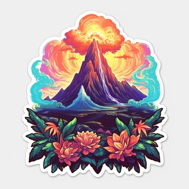 volcano erupting, close up, a sticker, artwork of t shirt graphic of majestic forest, in digital painting style , beautiful flowers, sunset mountains and clouds , big vines, stone temple covered in vines, white background, colorful fantasy flower surround, highly detailed clean, vector image, photorealistic masterpiece, professional photography, realistic, flat white background, isometric, vibrant vector, clipart, illustration, realism, 4k, , cinematic, front view, white background, paradise, ex