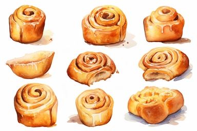 watercolor Cinnamon roll clipart, hd, white background, spaced out