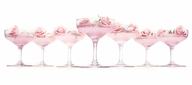 Isolated on a white background, in a feminine style cocktail glasses lined up on a floor decorated with baby pink roses, for wedding, high resolution, highly detailed, watercolor clipart illustration, soft pastel color theme, baby pink, 8k UHD isolated image on white background, hyper - realistic high definition, in the style of kathrin longhurst, high resolution