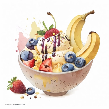 watercolor banana clipart banana split in a bowl, no text, on white background