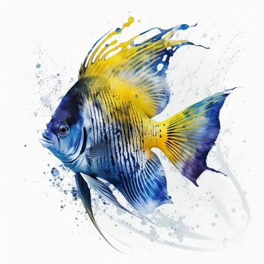 running regal angel fish Watercolor Clipart, drip effect, clean white background, 16K Colors, clean white background