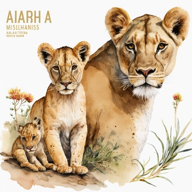 Mum & baby Animals Watercolor, Baby Animals, Lioness and lion cub, watercolor clipart, Tropical, Africa, African Animals, watercolor clipart, baby shower, transparent background, png, high detail, 8k - d, 32k