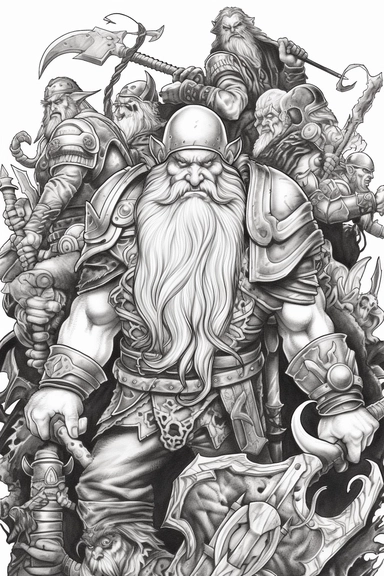 realistic style, bold black lines, fantasy dwarf armies in combat using axes and hammers hitting themed colouring page, bold black lines, clipart, digital art, colouring page for adults