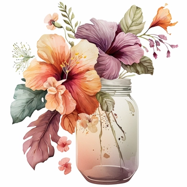 [6053567671] Watercolor clipart. An exquisite watercolor artwork showcasing a bouquet of hibiscus flowers, their delicate petals painted with meticulous detail in shades of mauve, peach, and sun-kissed orange, arranged in a jar.. White background. No text. No caption. No logo