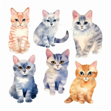 6 watercolor clipart cats,on lovely white backgroundspaced ,spaced out ar 16:9