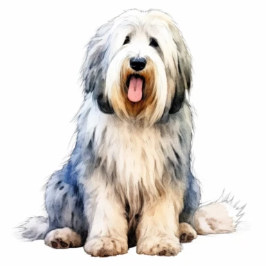 old English sheepdog watercolour painting sitting realistic yet stylized, digitally enhanced, clipart, 32k uhd, detailed crosshatching white background