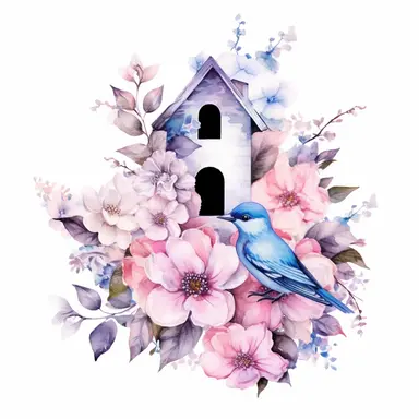 clipart, isolated on white background, beautiful cute Watercolor Spring bird Feeder, flowers and branches and leaves, ornated, pastel colors