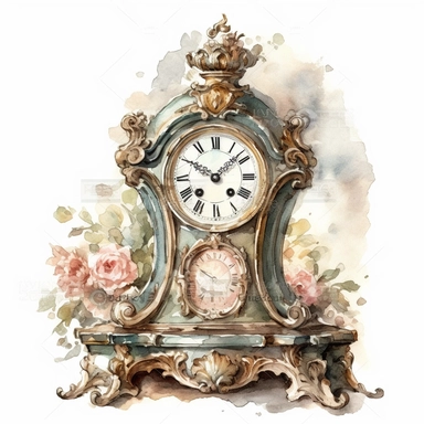 large french Louis XV era clock, Watercolor clipart, single design, print on demand image, PNG transparent background, white background