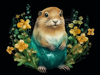 deep emerald gold watercolor Gopher with flowers plants clipart, golden metallic lines and some glitter, shining colors, dark background, 8k, high resolution