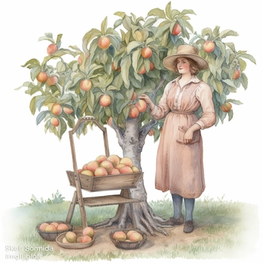 Cute french - style farmer peach stand in front of a peach tree clipart, 1940, watercolor, realistic watercolor painting in storybook illustration, pencil drawing by Angela Barrett, Elsa Beskow, highly detailed, 8k, high resolution, crisp details, white background