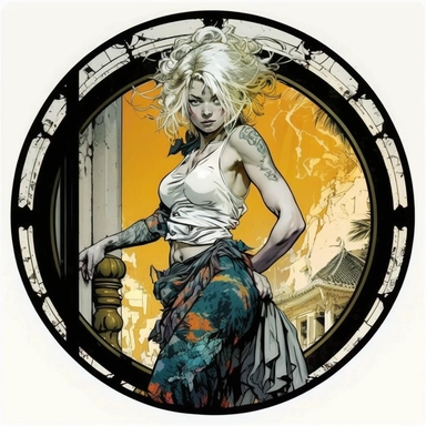 platinum blonde Orientalism bohemian grunge young woman Super Saiyan, handpainted enamel, clipart illustration, circle white background, circular compound design border