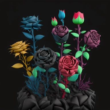a very thorny dozen roses clipart in slyle of cute goth clay cartoon, sharp 3d art illustration, warm multicolor, simple, black background, 8k