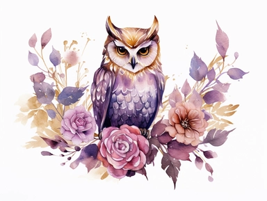 deep pruple gold watercolor Owl with flowers clipart with golden metallic line and some glitter, plain background, 8k, high resolution