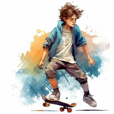 watercolor clipart realistic A boy wearing skater clothes and holding a skateboard