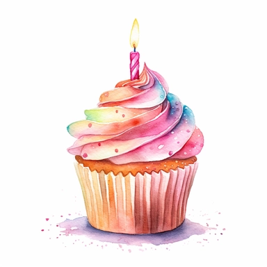 watercolor clipart, one individual cupcake with candle, white background