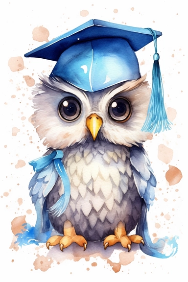 Create a watercolor clipart picture of a cute and happy baby owl wearing a graduation cap. The owl should have an adorable and delighted expression, with its feathers depicted in soft watercolor textures. The graduation cap should be adorned with a tassel and placed on the owl’s head. Surround the owl with celebratory elements such as confetti, balloons, and diplomas.