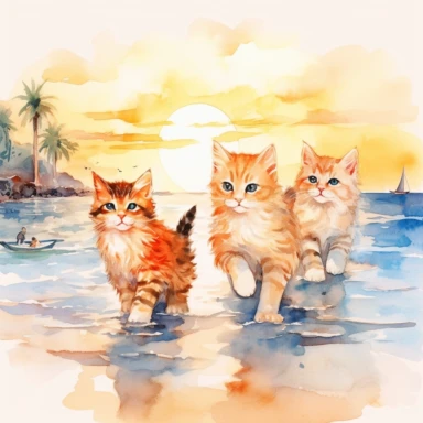 cute and lovely smilingAs the sun begins to set, the cats take a leisurely stroll along the water's edge. They marvel at the vibrant hues painting the sky, casting a golden glow on the beach. Content and relaxed, they savor the tranquil atmosphere before bidding farewell to their beach vacation. watercolor white background for clipart 8k ultra detail high sharpness ultra detail a detailed realistic painting