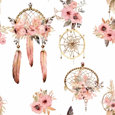 Draw a watercolor-style clip art images that feature objects related to an aesthetic adorned with floral designs. The images should have aesthetic, and should incorporate elements such as watercolor [gold] whimsical and cute illustration in watercolor of boho dreamcatchers with black ornaments, in a Scandinavian folk art style with botanical and swirl motifs. light pink gold colors Traditional with a modern twist watercoloritem collection, isolated on a white background, classy, simple, graphics
