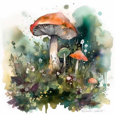 In this watercolor illustration, a mystical mushroom takes center stage, painted with vibrant hues and surrounded by delicate flowers and lush plants. The clipart design captures a magical scene, where fairies flit about in the air, their ethereal forms highlighted against a watercolor backdrop. The white background provides a stark contrast to the dominant forest dark green color scheme, enhancing the enchanting atmosphere of the artwork. The intricate details of the flora and the playful prese