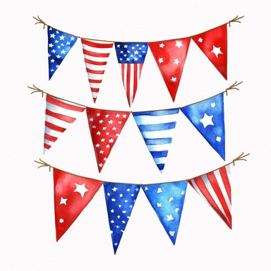 Patriotic 4th of July bunting flag, illustration clipart, high detailed, white background, digital art, watercolor