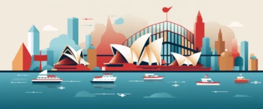 A creative representation of Sydney Harbour, Australia, using the simplicity of clipart mixed with minimalist abstract design. The iconic Opera House is illustrated as a collection of curved shapes, while the Harbour Bridge is formed by an arch with linear lines denoting its structure. Small clipart boats float in the harbour. The colors are a mixture of blues for the water and sky, white for the Opera House, and dark grey for the bridge.
